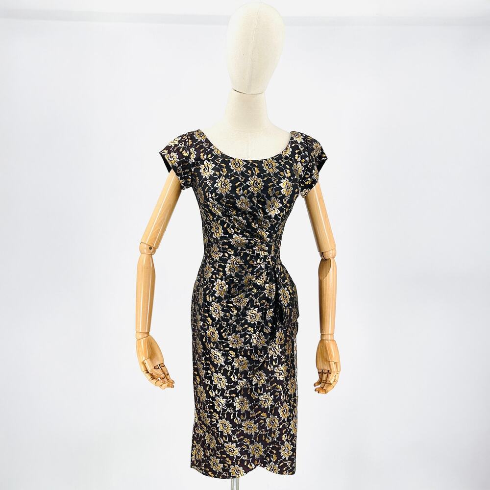 Vintage 50s Black Gold Metallic Floral Lace Evening Cocktail Dress